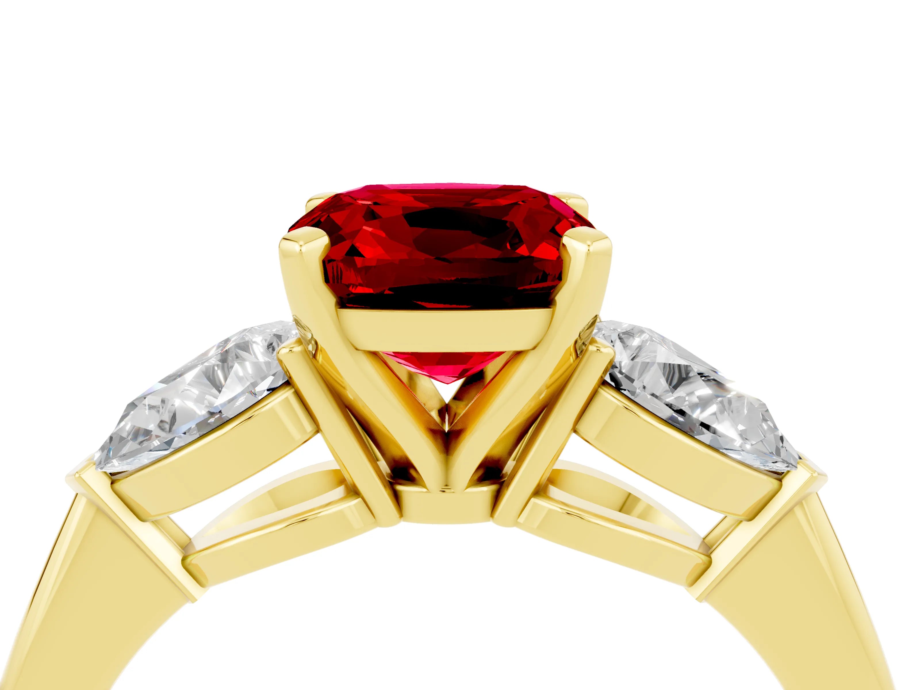 Yellow gold Three-Stone Cushion Cut Ruby Ring with Pear Side Stones and Four-Prong Setting_4