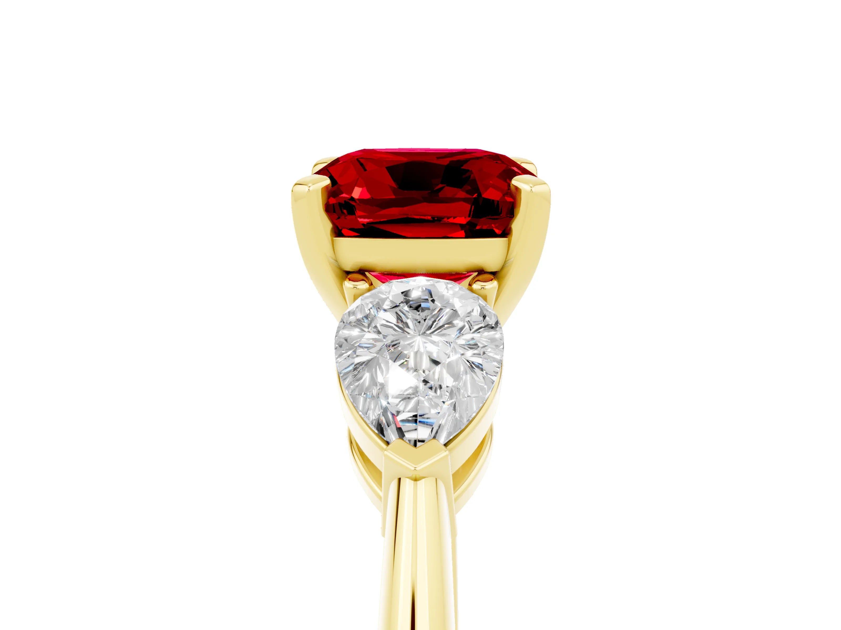 Yellow gold Three-Stone Cushion Cut Ruby Ring with Pear Side Stones and Four-Prong Setting_5
