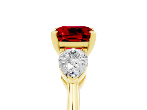 Yellow gold Three-Stone Cushion Cut Ruby Ring with Pear Side Stones and Four-Prong Setting_5