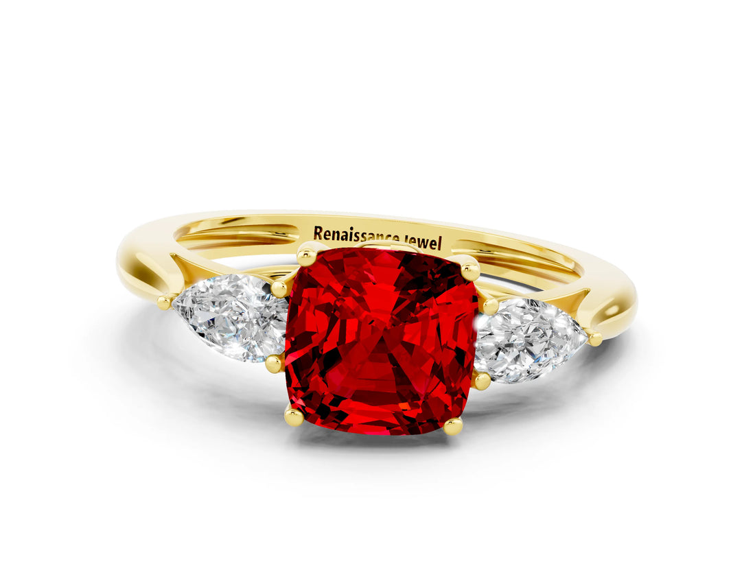 Yellow gold Three-Stone Cushion Cut Ruby Ring with Pear  Side Stones in Four-Prong Setting_12
