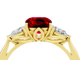 Yellow gold Three-Stone Cushion Cut Ruby Ring with Pear  Side Stones in Four-Prong Setting_16