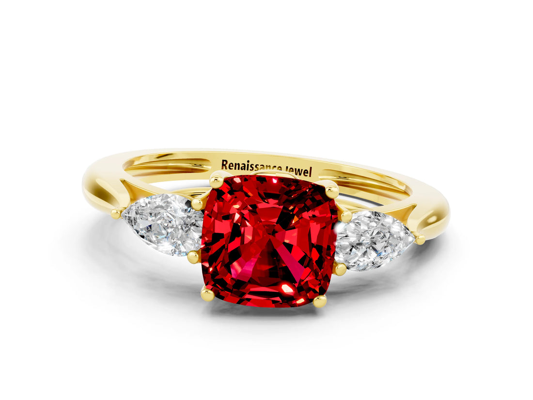 Yellow gold Three-Stone Cushion Cut Ruby Ring with Pear  Side Stones in Four-Prong Setting_36