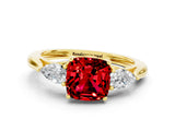 Yellow gold Three-Stone Cushion Cut Ruby Ring with Pear  Side Stones in Four-Prong Setting_36