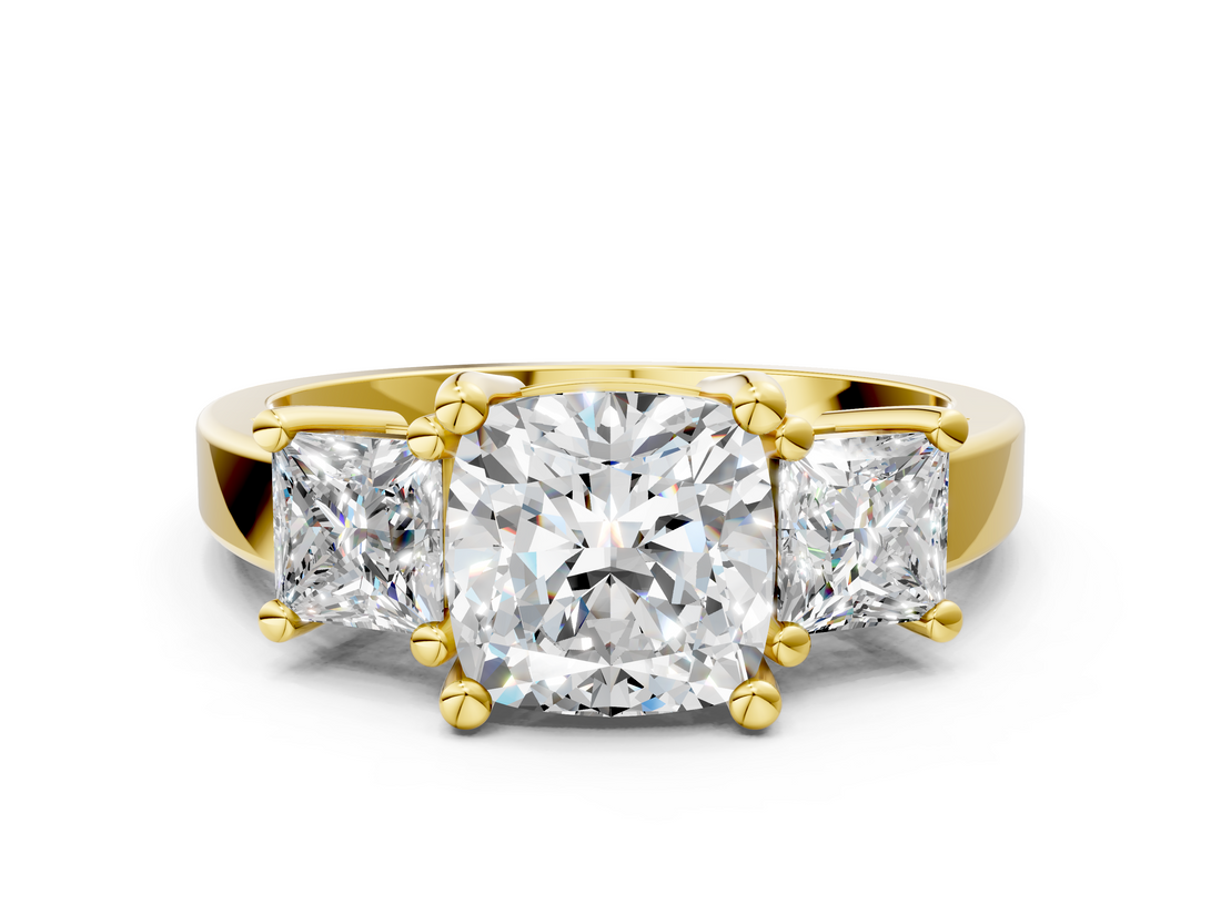 Yellow gold Three-Stone Cushion Cut Solitaire Ring with Prong Setting_3
