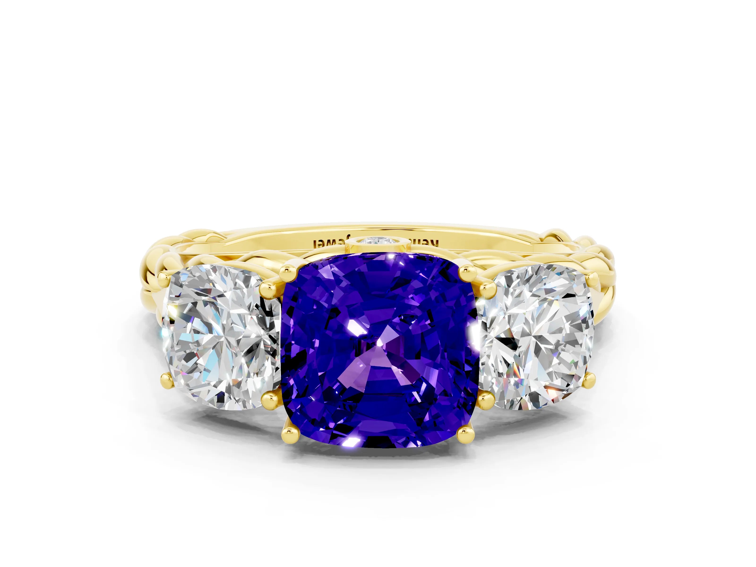 Yellow gold Three-Stone Cushion Cut Tanzanite Braided Band Ring with Four-Prong Setting_12