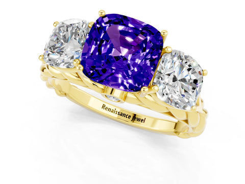 Yellow gold Three-Stone Cushion Cut Tanzanite Braided Band Ring with Four-Prong Setting_13
