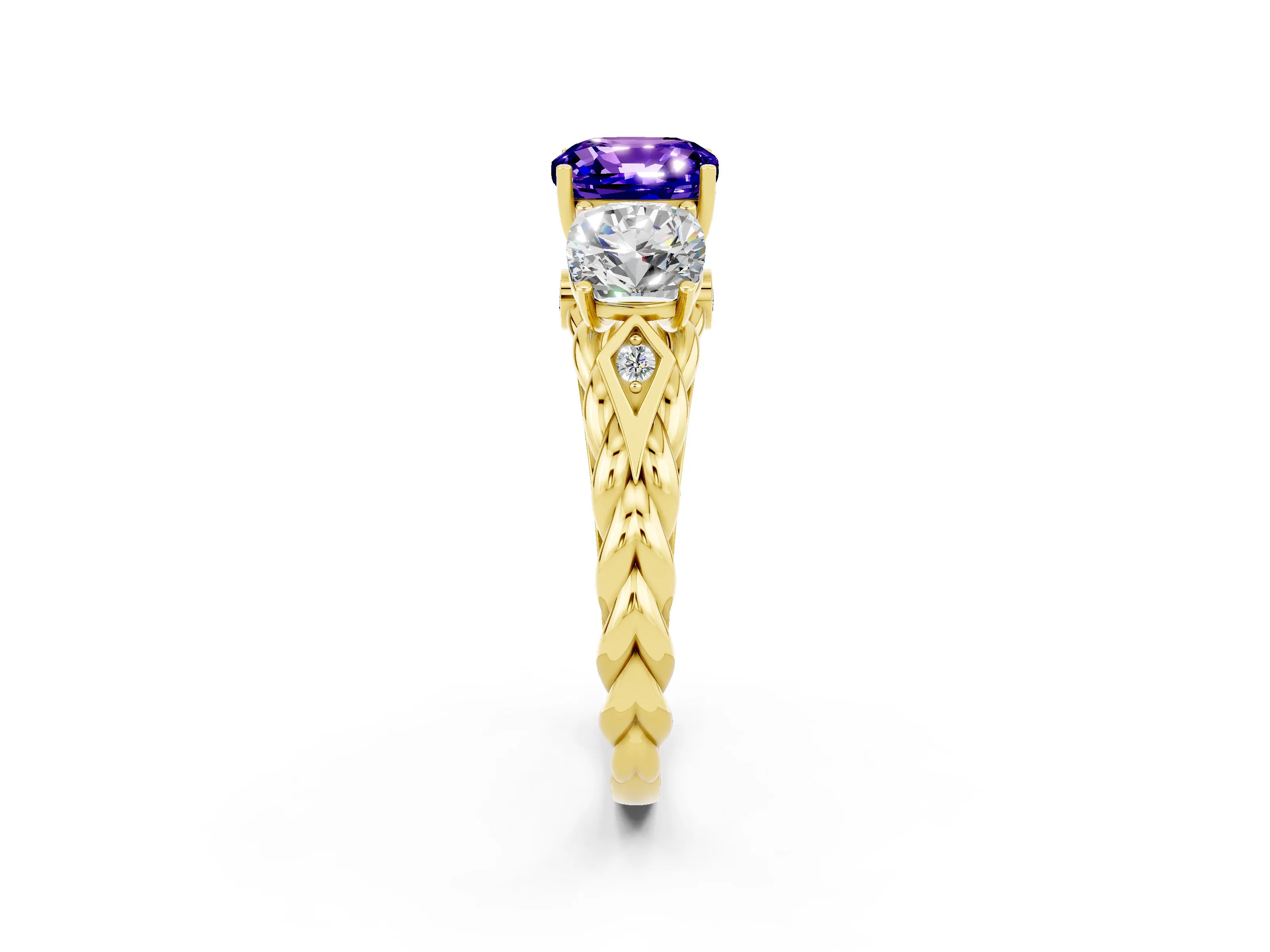 Yellow gold Three-Stone Cushion Cut Tanzanite Braided Band Ring with Four-Prong Setting_14