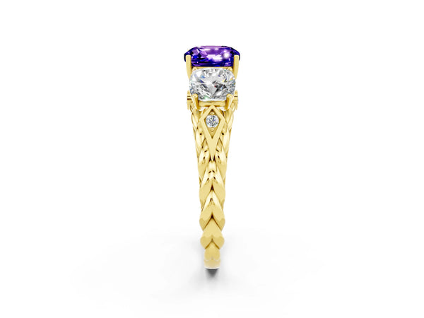 Yellow gold Three-Stone Cushion Cut Tanzanite Braided Band Ring with Four-Prong Setting