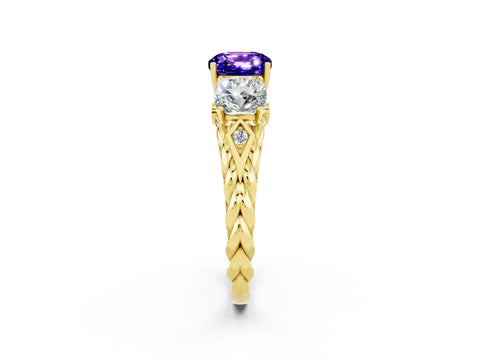 Yellow gold Three-Stone Cushion Cut Tanzanite Braided Band Ring with Four-Prong Setting_14