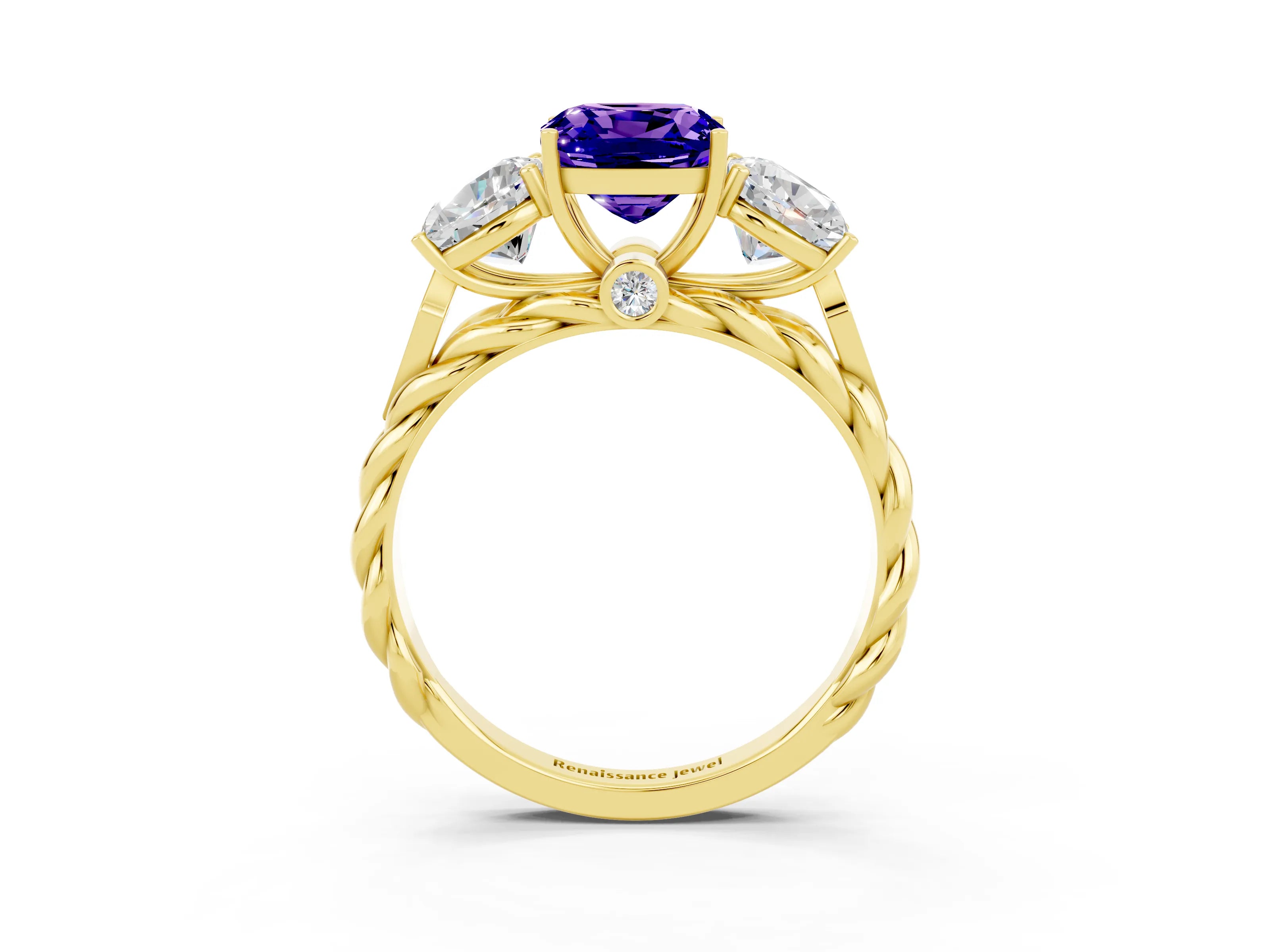 Yellow gold Three-Stone Cushion Cut Tanzanite Braided Band Ring with Four-Prong Setting_15