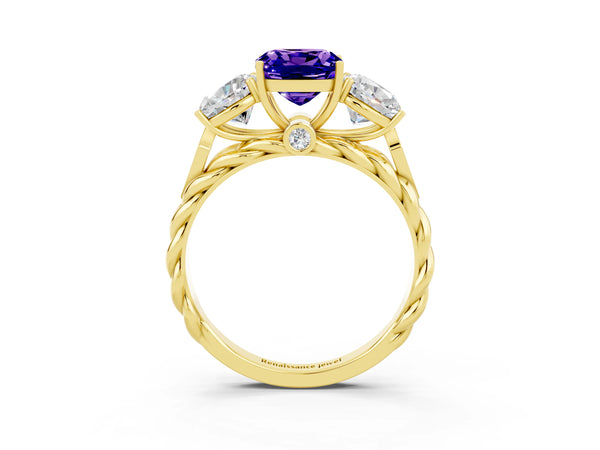 Yellow gold Three-Stone Cushion Cut Tanzanite Braided Band Ring with Four-Prong Setting
