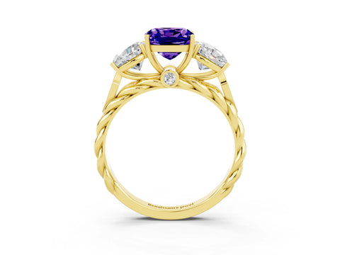 Yellow gold Three-Stone Cushion Cut Tanzanite Braided Band Ring with Four-Prong Setting_15