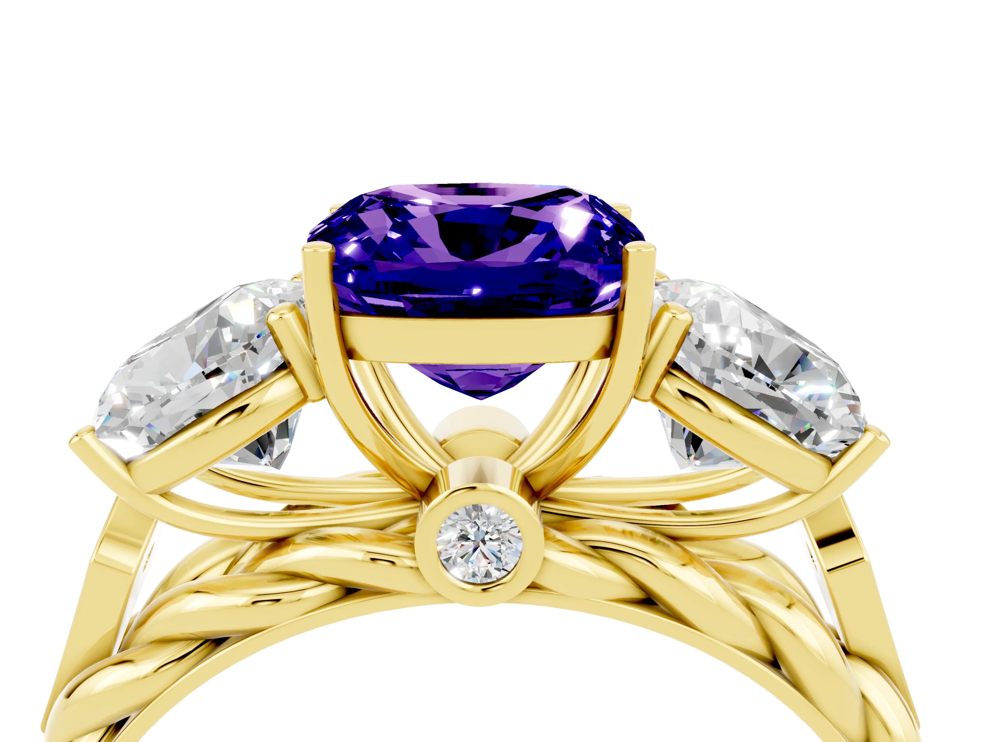 Yellow gold Three-Stone Cushion Cut Tanzanite Braided Band Ring with Four-Prong Setting_16