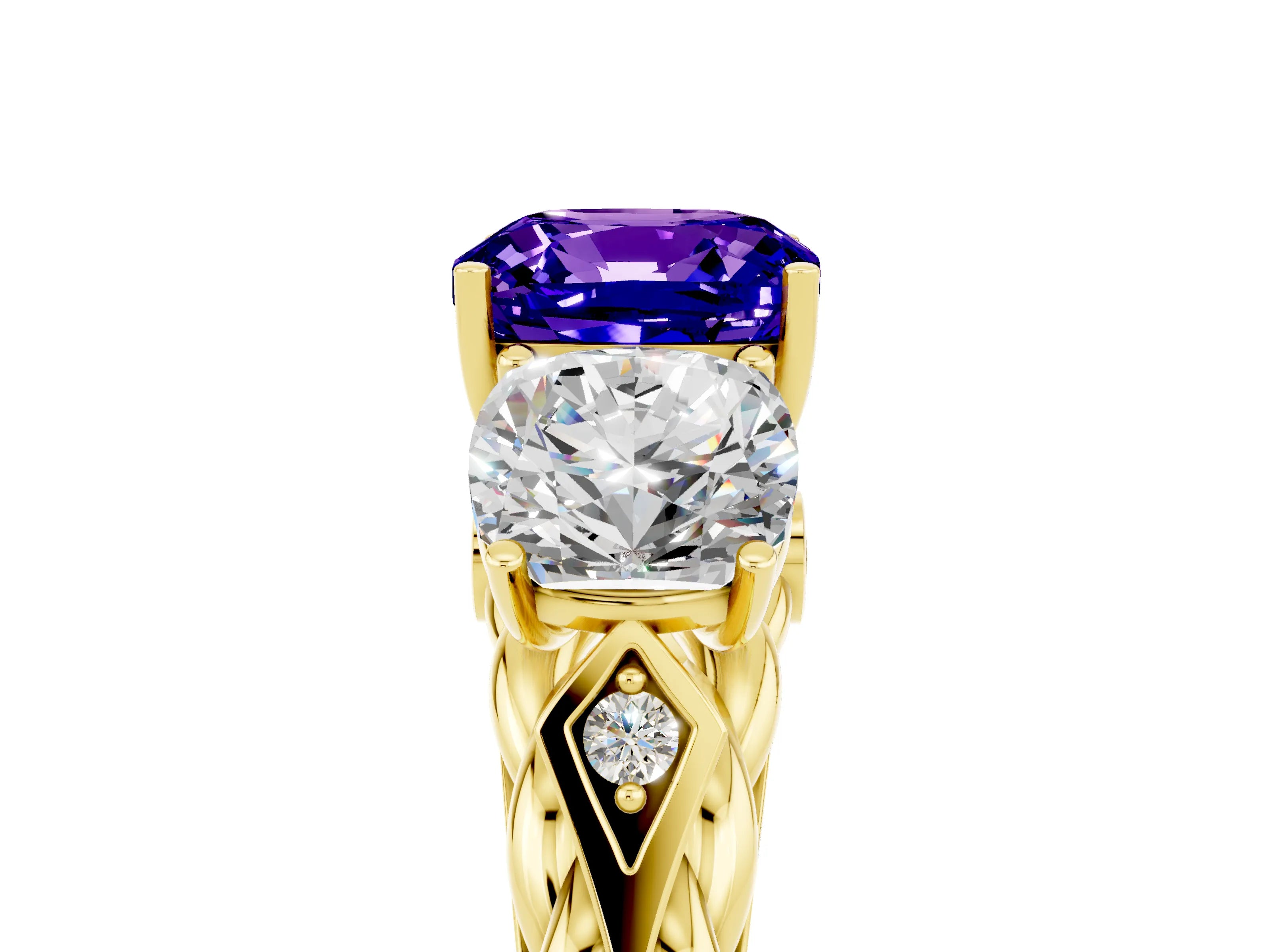 Yellow gold Three-Stone Cushion Cut Tanzanite Braided Band Ring with Four-Prong Setting_17