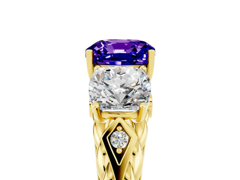 Yellow gold Three-Stone Cushion Cut Tanzanite Braided Band Ring with Four-Prong Setting_17