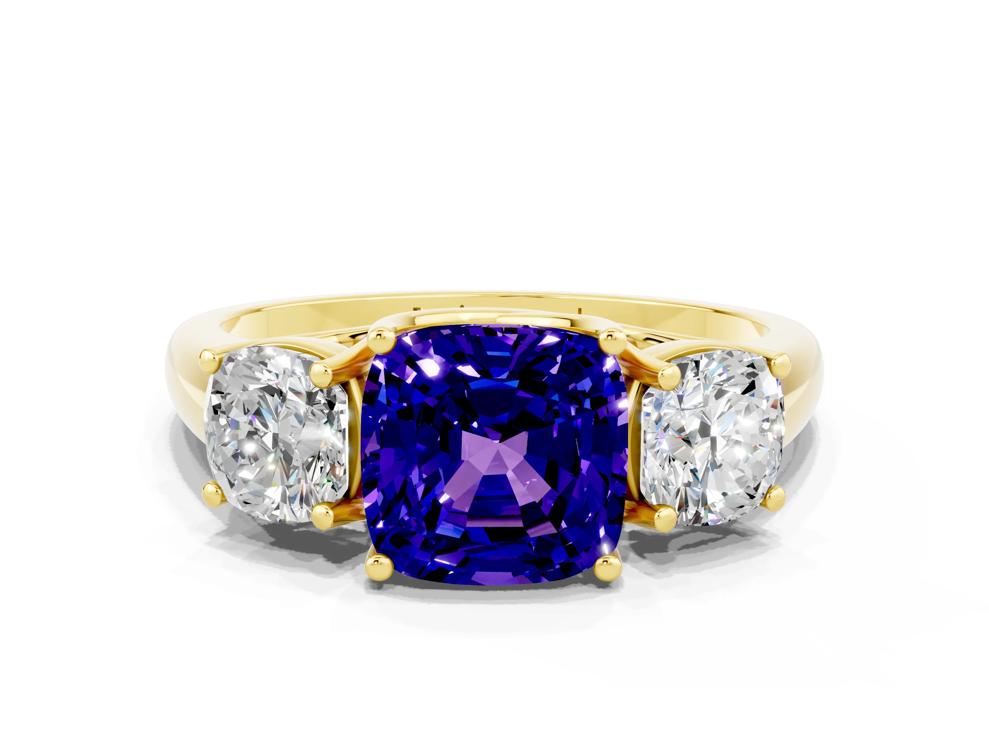 Yellow gold Three-Stone Cushion Cut Tanzanite Engagement Ring with Prong Setting