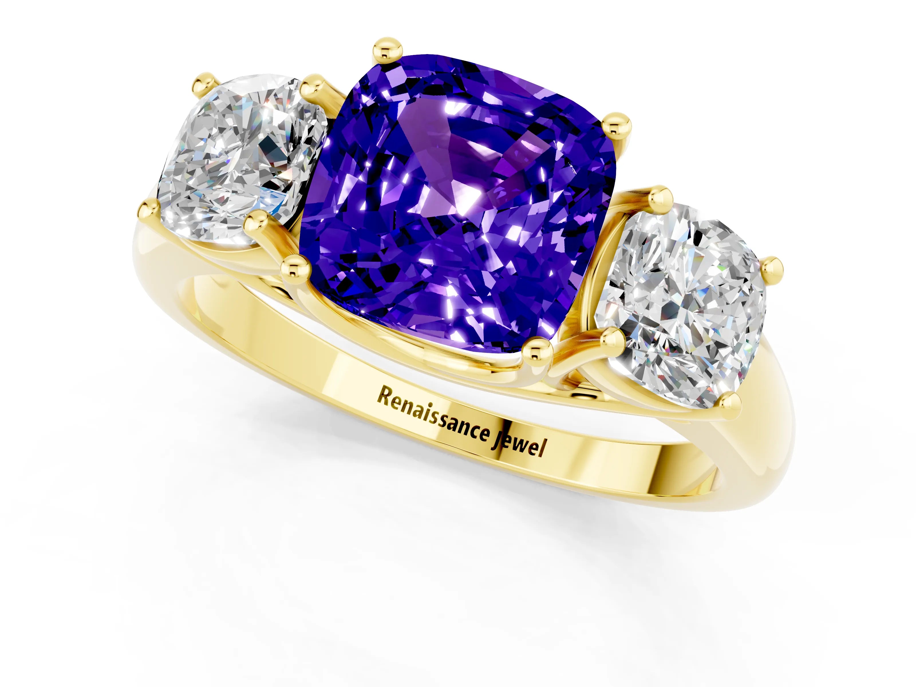 Yellow gold Three-Stone Cushion Cut Tanzanite Engagement Ring with Prong Setting_1