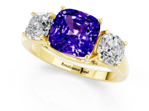 Yellow gold Three-Stone Cushion Cut Tanzanite Engagement Ring with Prong Setting_1