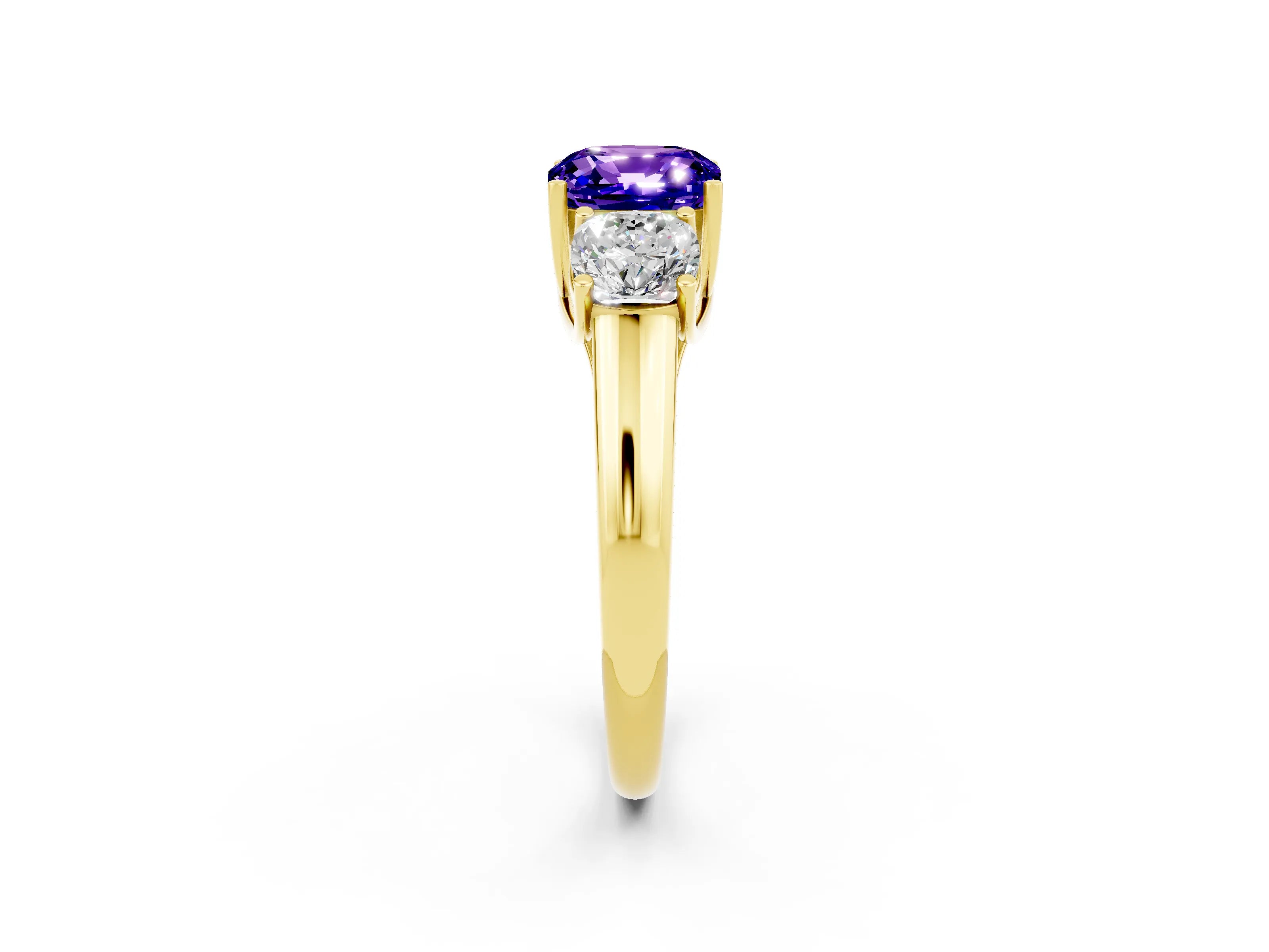 Yellow gold Three-Stone Cushion Cut Tanzanite Engagement Ring with Prong Setting_2