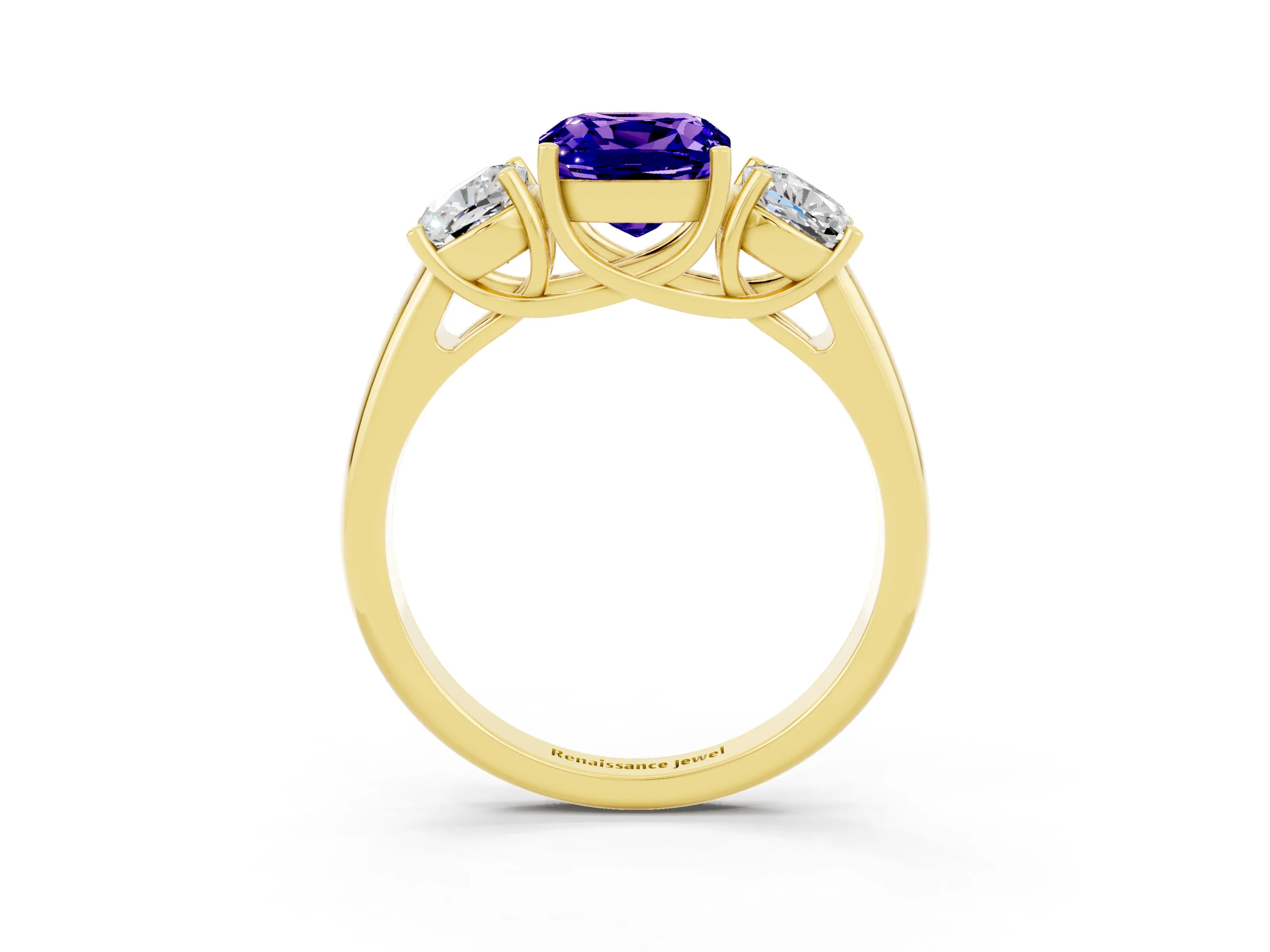 Yellow gold Three-Stone Cushion Cut Tanzanite Engagement Ring with Prong Setting_3