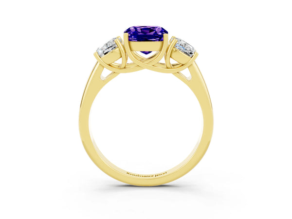Yellow gold Three-Stone Cushion Cut Tanzanite Engagement Ring with Prong Setting