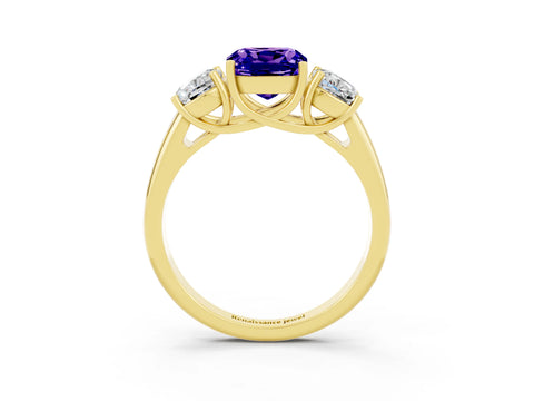 Yellow gold Three-Stone Cushion Cut Tanzanite Engagement Ring with Prong Setting_3