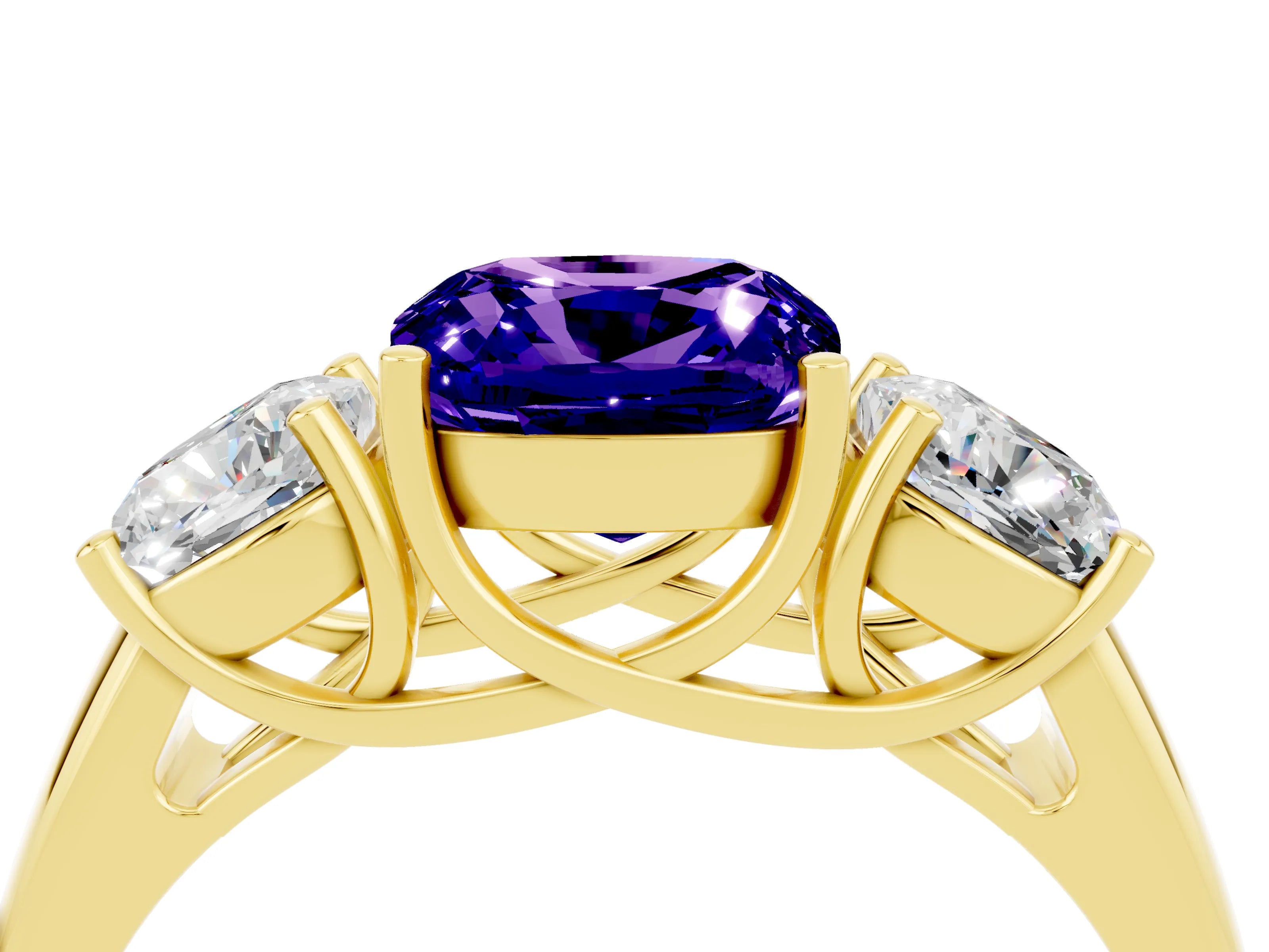 Yellow gold Three-Stone Cushion Cut Tanzanite Engagement Ring with Prong Setting_4