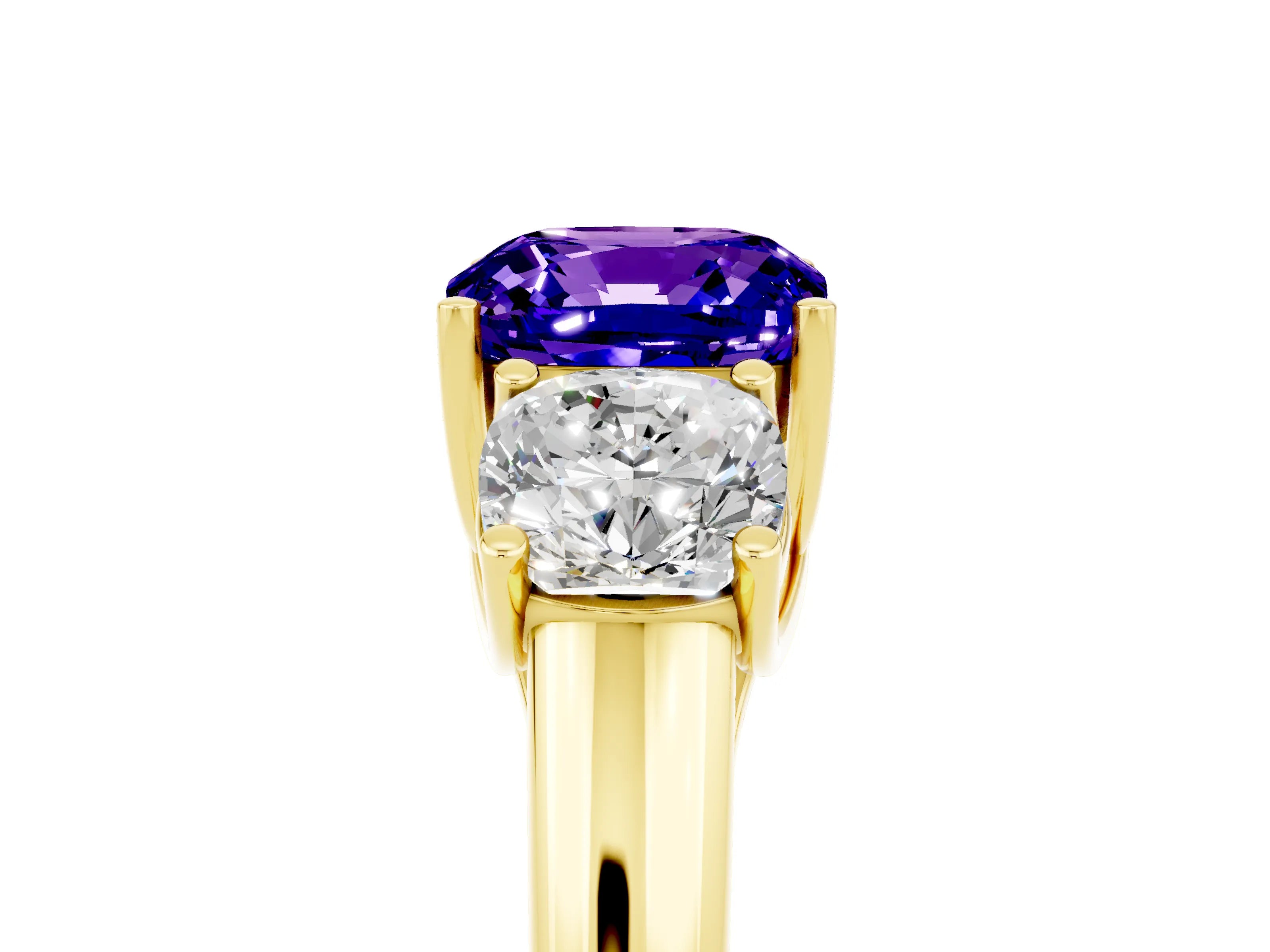 Yellow gold Three-Stone Cushion Cut Tanzanite Engagement Ring with Prong Setting_5