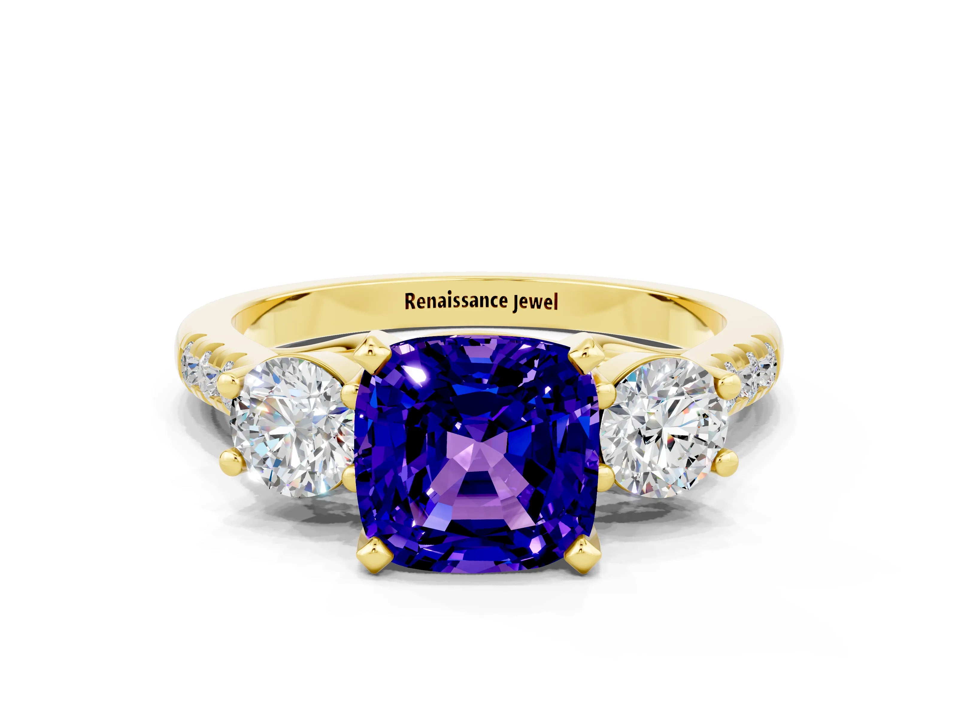 Yellow gold Three-Stone Cushion Cut Tanzanite Pavé Band with Four-Prong Setting