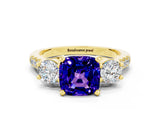 Yellow gold Three-Stone Cushion Cut Tanzanite Pavé Band with Four-Prong Setting