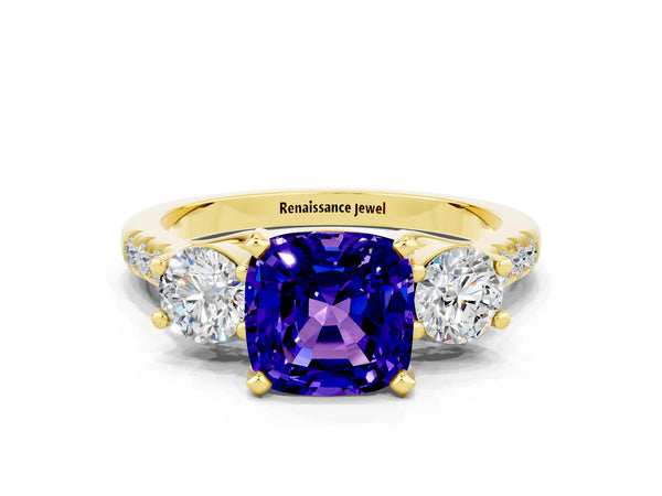 Yellow gold Three-Stone Cushion Cut Tanzanite Pavé Band with Four-Prong Setting