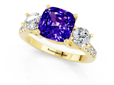 Yellow gold Three-Stone Cushion Cut Tanzanite Pavé Band with Four-Prong Setting_1