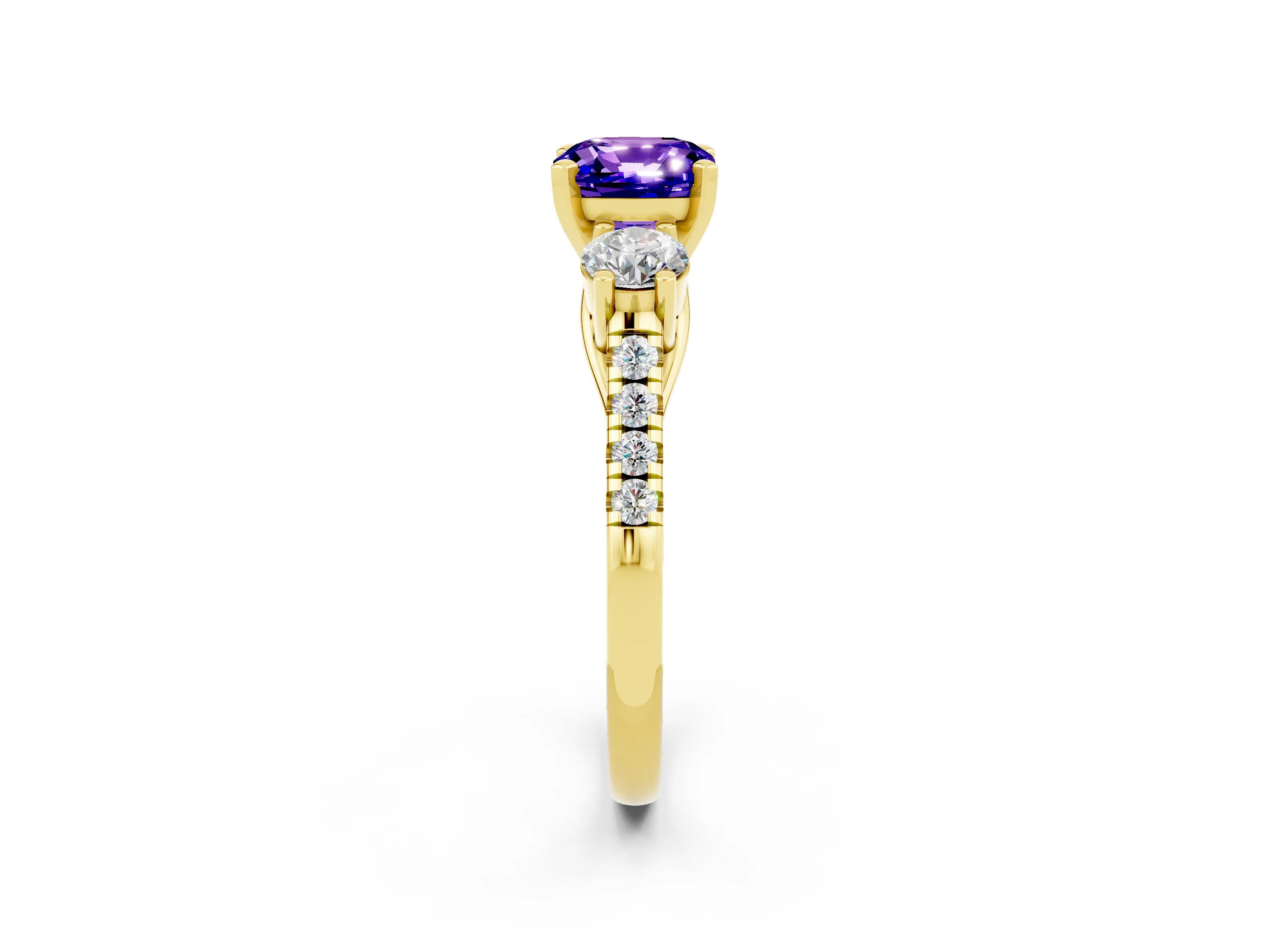 Yellow gold Three-Stone Cushion Cut Tanzanite Pavé Band with Four-Prong Setting_2