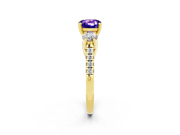 Yellow gold Three-Stone Cushion Cut Tanzanite Pavé Band with Four-Prong Setting