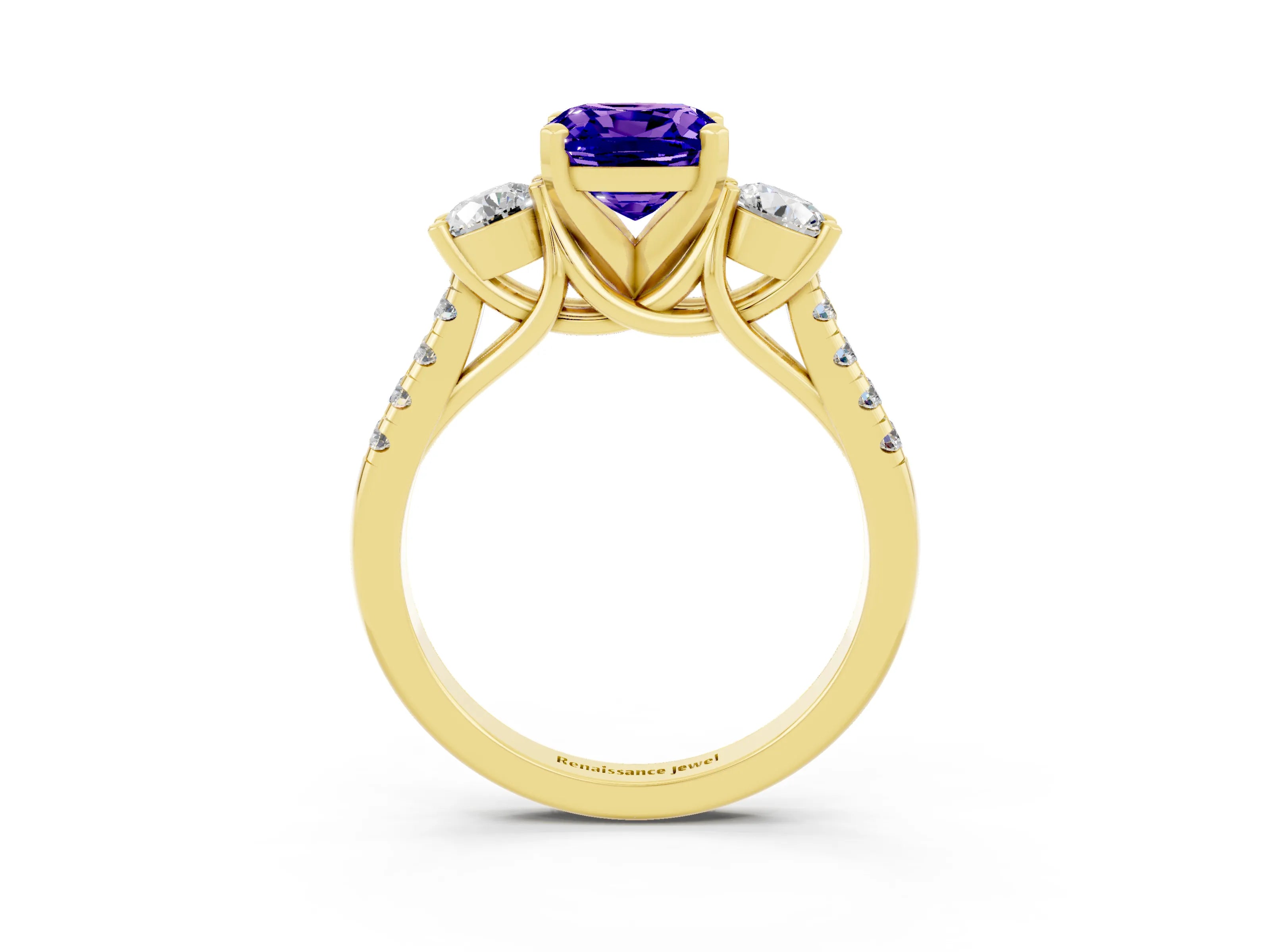Yellow gold Three-Stone Cushion Cut Tanzanite Pavé Band with Four-Prong Setting_3