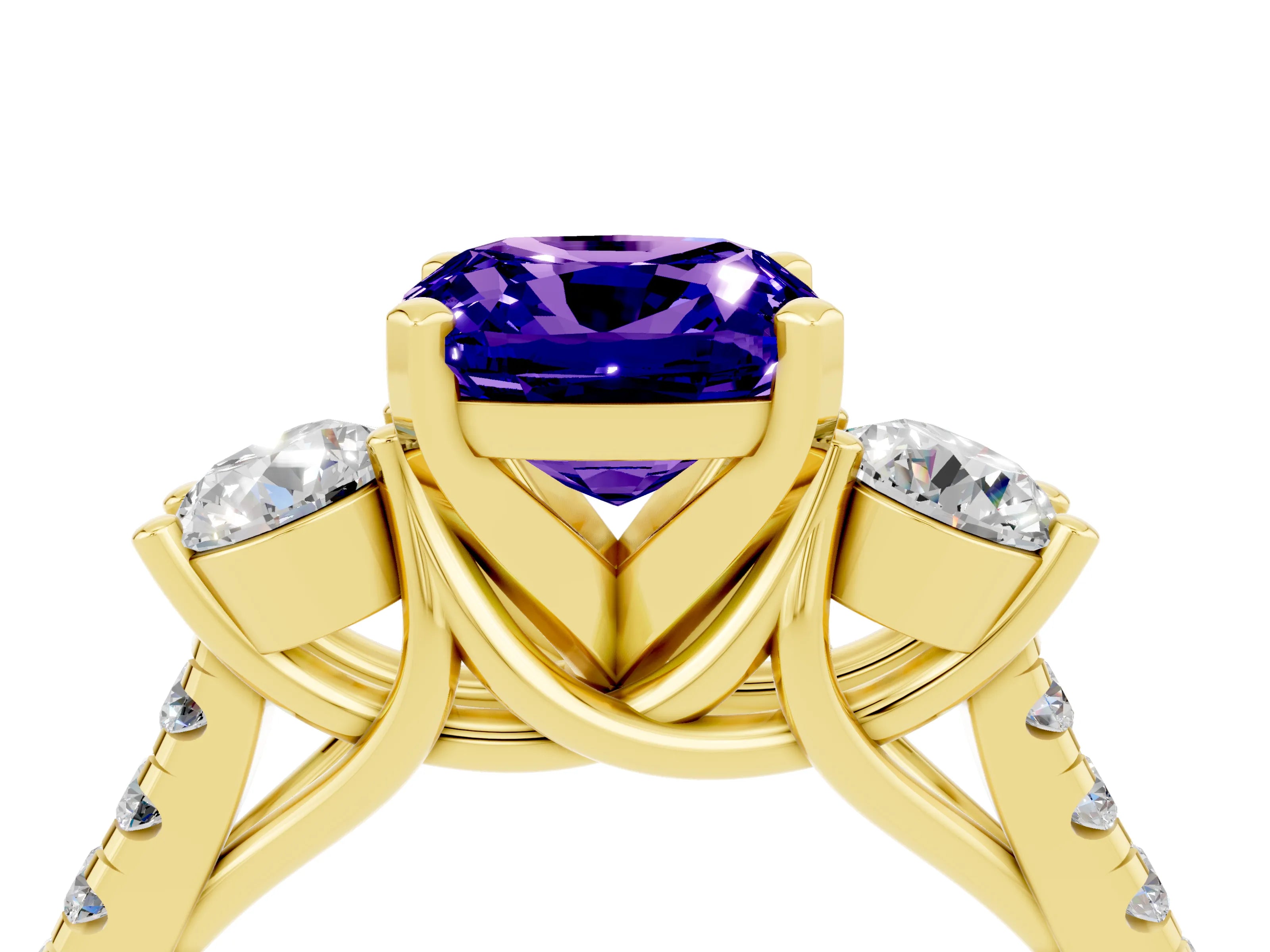 Yellow gold Three-Stone Cushion Cut Tanzanite Pavé Band with Four-Prong Setting_4