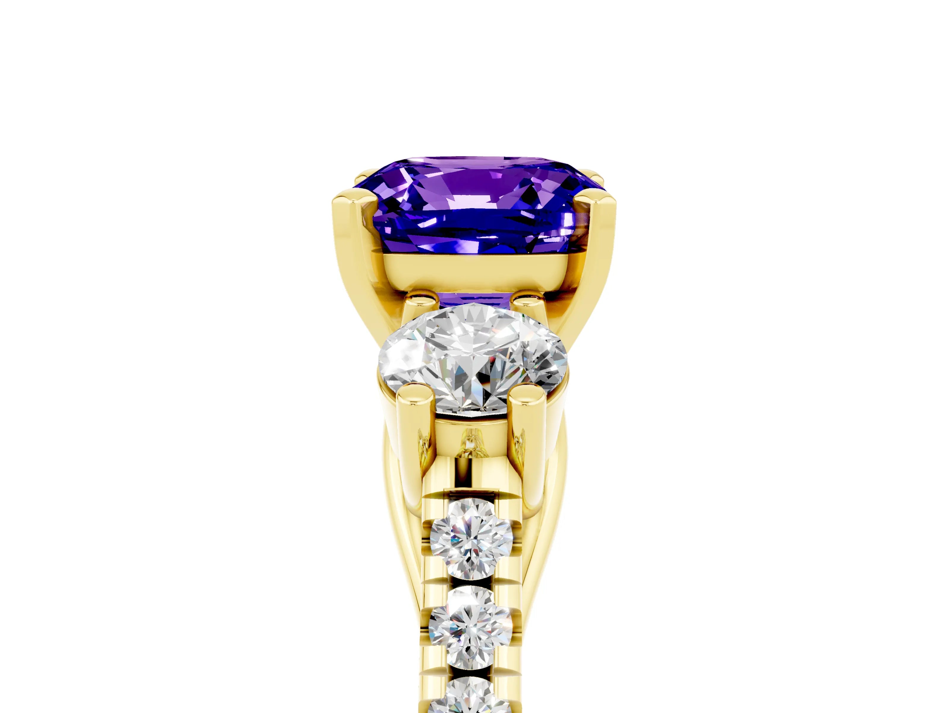 Yellow gold Three-Stone Cushion Cut Tanzanite Pavé Band with Four-Prong Setting_5