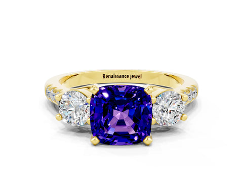 Yellow gold Three-Stone Cushion Cut Tanzanite Pavé Band with Four-Prong Setting