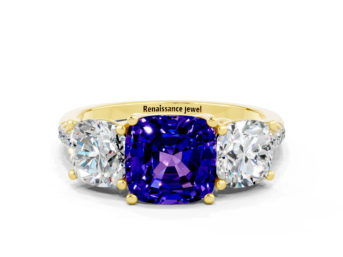 Yellow gold Three-Stone Cushion Cut Tanzanite Ring with Pavé Band and Prong Setting_12