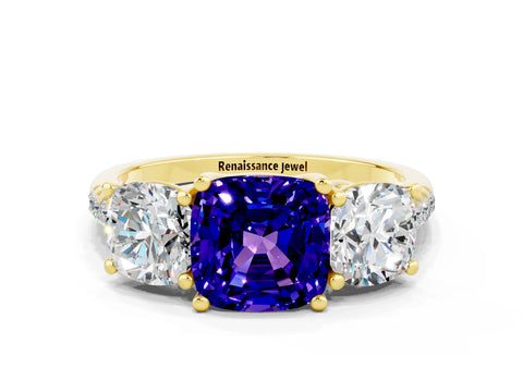 Yellow gold Three-Stone Cushion Cut Tanzanite Ring with Pavé Band and Prong Setting_12
