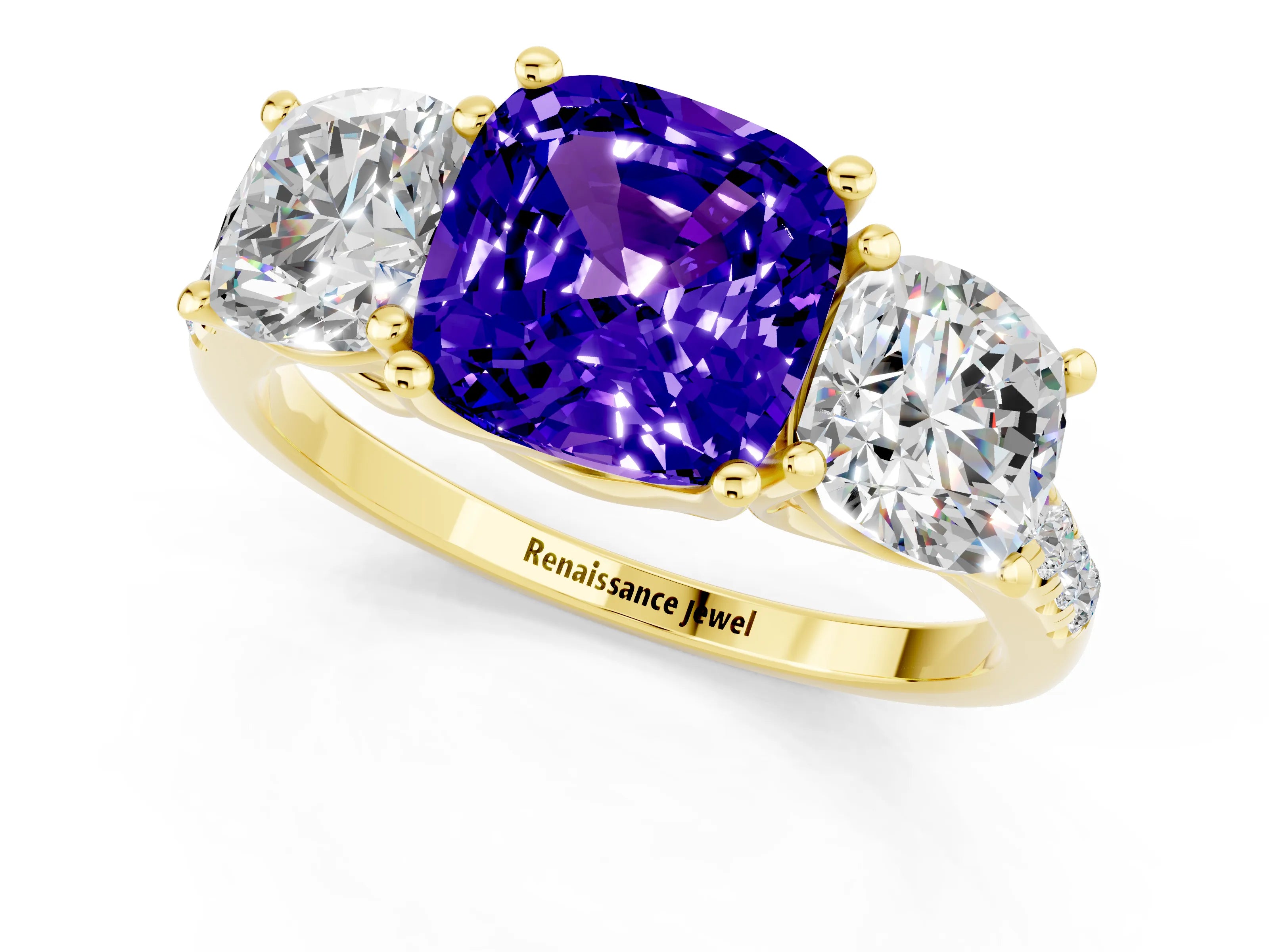 Yellow gold Three-Stone Cushion Cut Tanzanite Ring with Pavé Band and Prong Setting_13