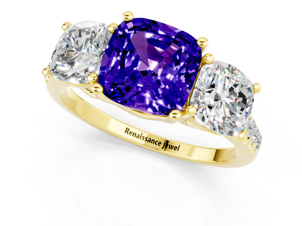 Yellow gold Three-Stone Cushion Cut Tanzanite Ring with Round  Pavé Band and Prong Setting
