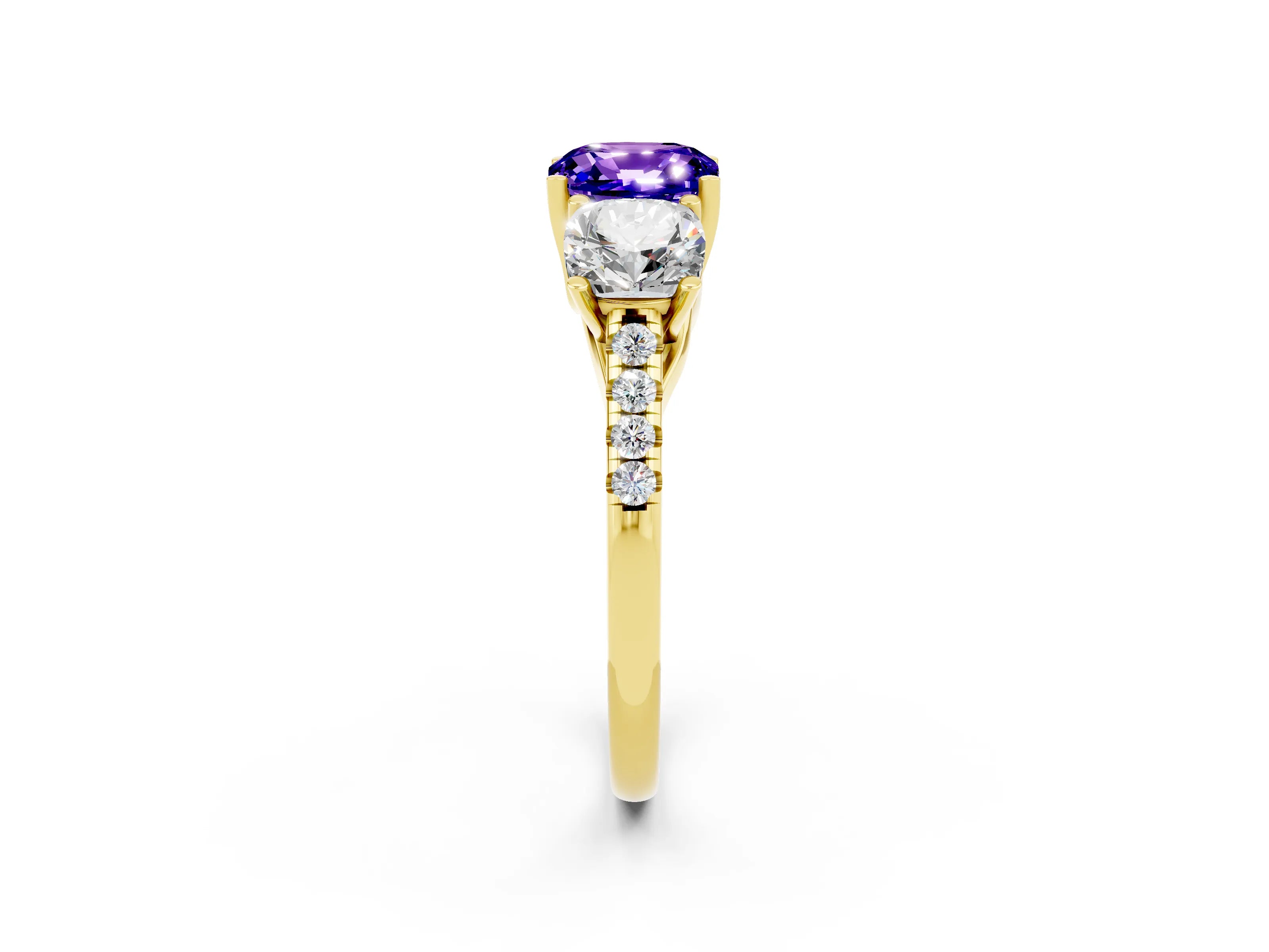 Yellow gold Three-Stone Cushion Cut Tanzanite Ring with Pavé Band and Prong Setting_14