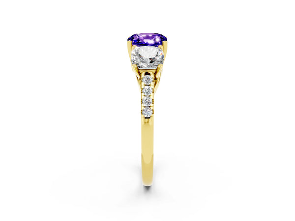 Yellow gold Three-Stone Cushion Cut Tanzanite Ring with Round  Pavé Band and Prong Setting