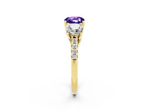 Yellow gold Three-Stone Cushion Cut Tanzanite Ring with Pavé Band and Prong Setting_14