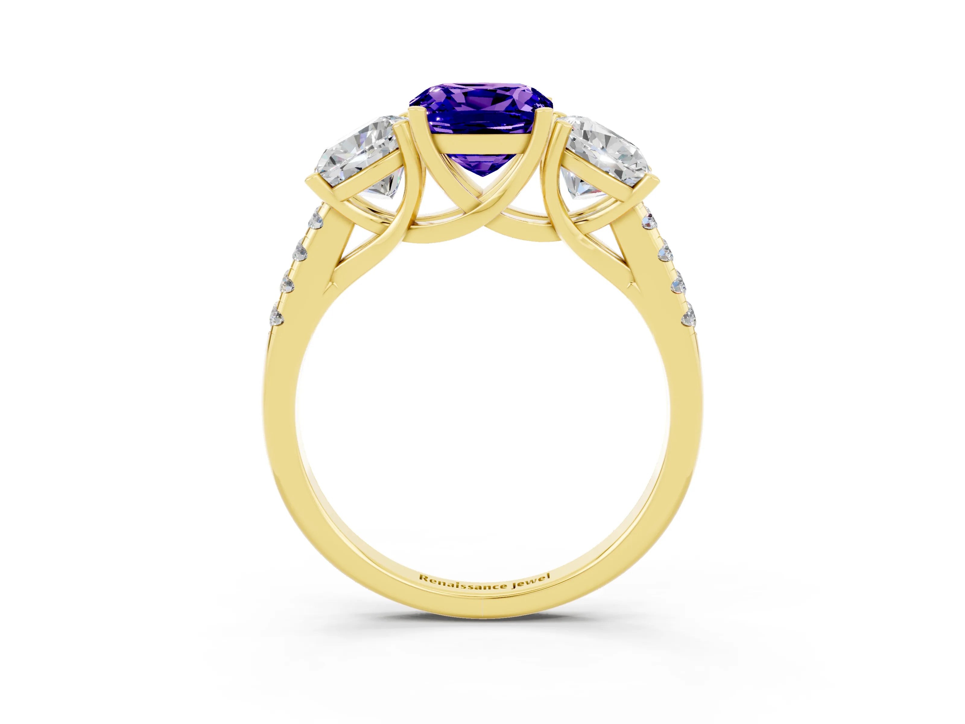 Yellow gold Three-Stone Cushion Cut Tanzanite Ring with Pavé Band and Prong Setting_15