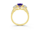 Yellow gold Three-Stone Cushion Cut Tanzanite Ring with Pavé Band and Prong Setting_15