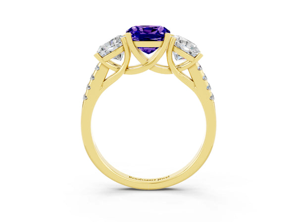 Yellow gold Three-Stone Cushion Cut Tanzanite Ring with Round  Pavé Band and Prong Setting