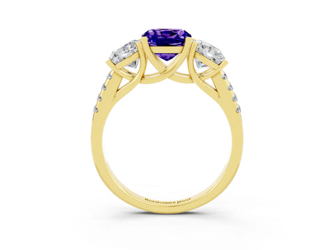Yellow gold Three-Stone Cushion Cut Tanzanite Ring with Pavé Band and Prong Setting_15