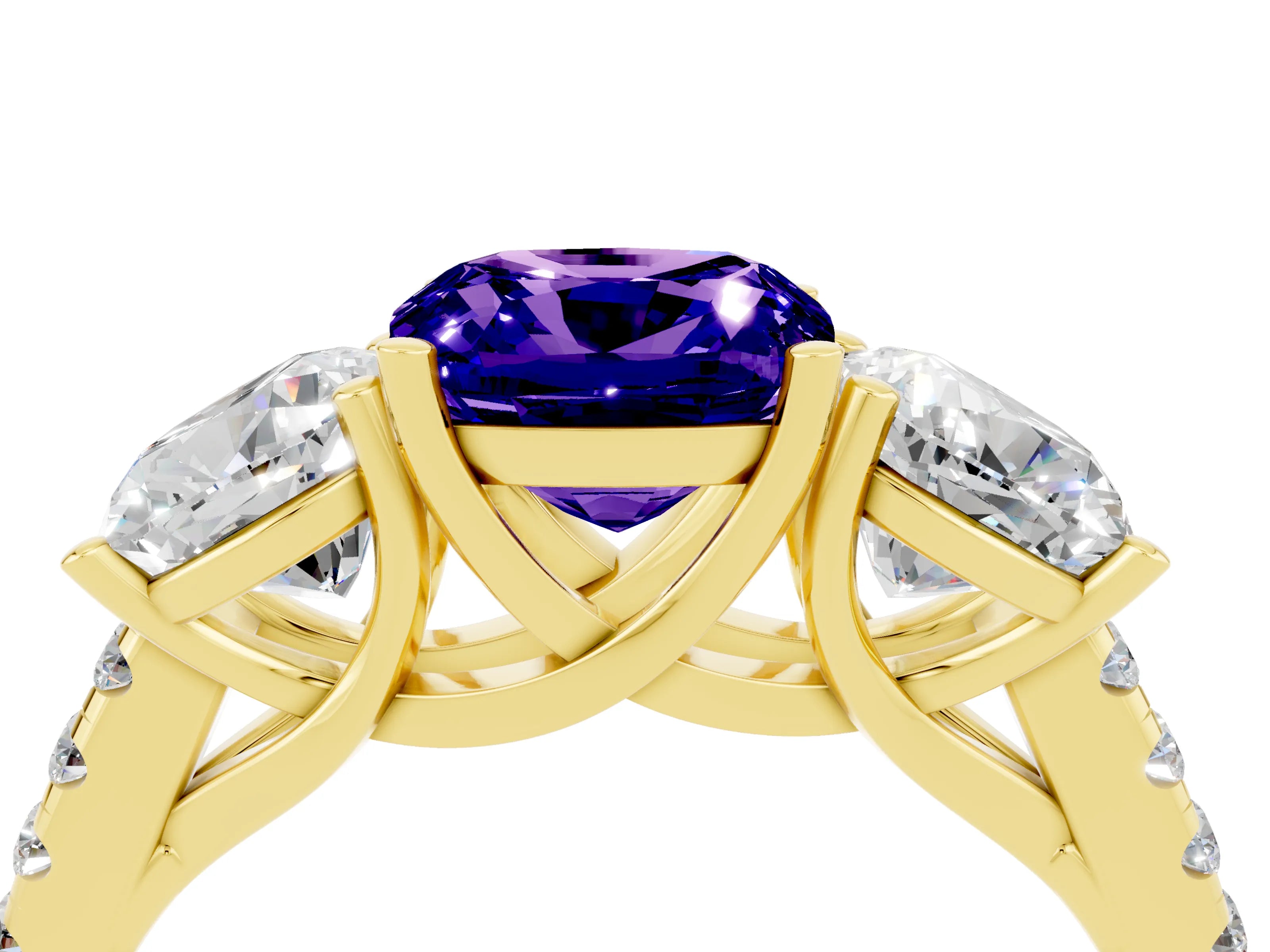 Yellow gold Three-Stone Cushion Cut Tanzanite Ring with Pavé Band and Prong Setting_16